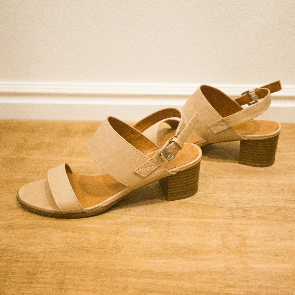 Lulu's Nude Low Block Heel Sandals With Buckle